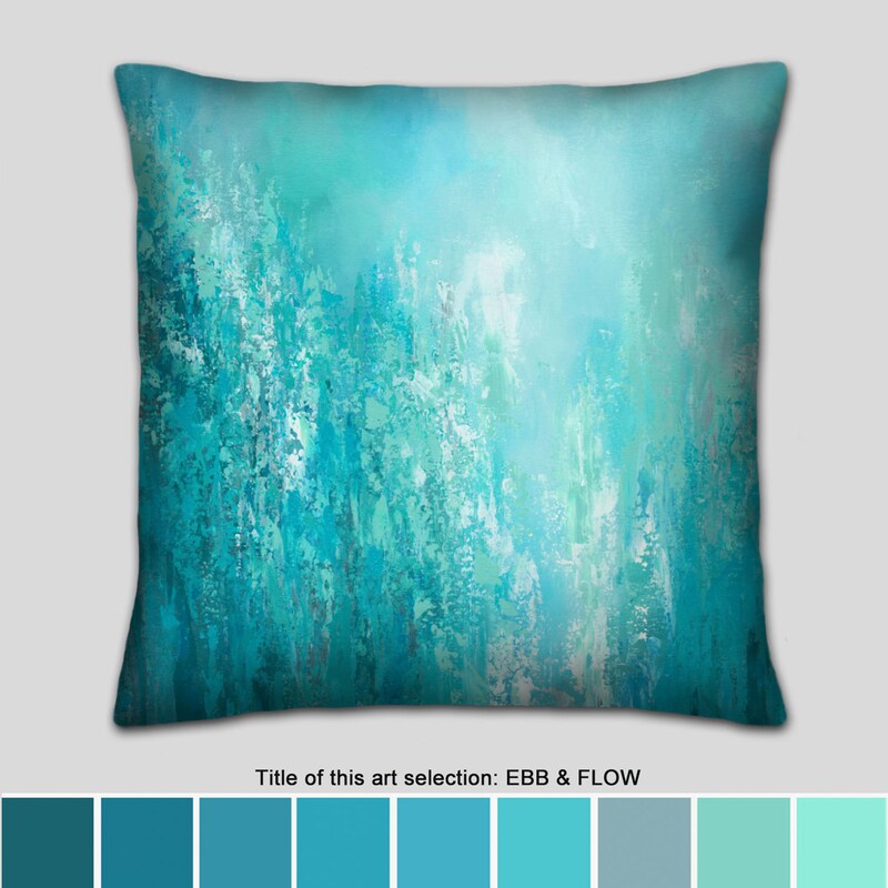 Decorative pillow covers in teal green, blue, turquoise, grey and white